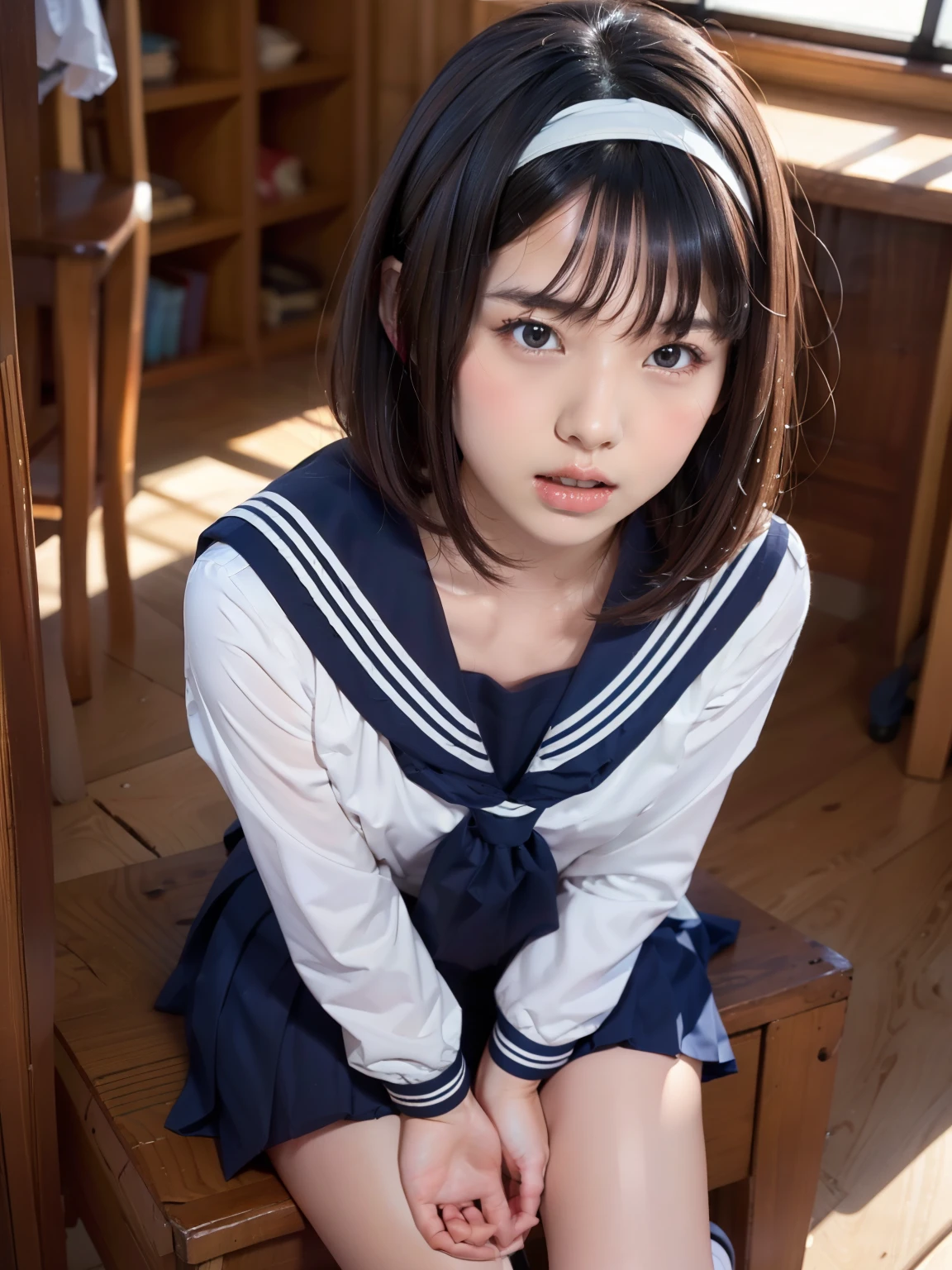 sailor suit, 8k, highest quality, masterpiece, Super detailed, ultra high resolution, realistic, RAW photo, absolute resolution, face is small compared to body, very small face, black hair,  navy blue sailor uniform, Dark blue skirt, 3D rendering, realistic young school girl, ((white headband)), small breasts, expensive, slanted eyes, (school scenery), black stockings, open your mouth, bob cut, position looking down from above, 