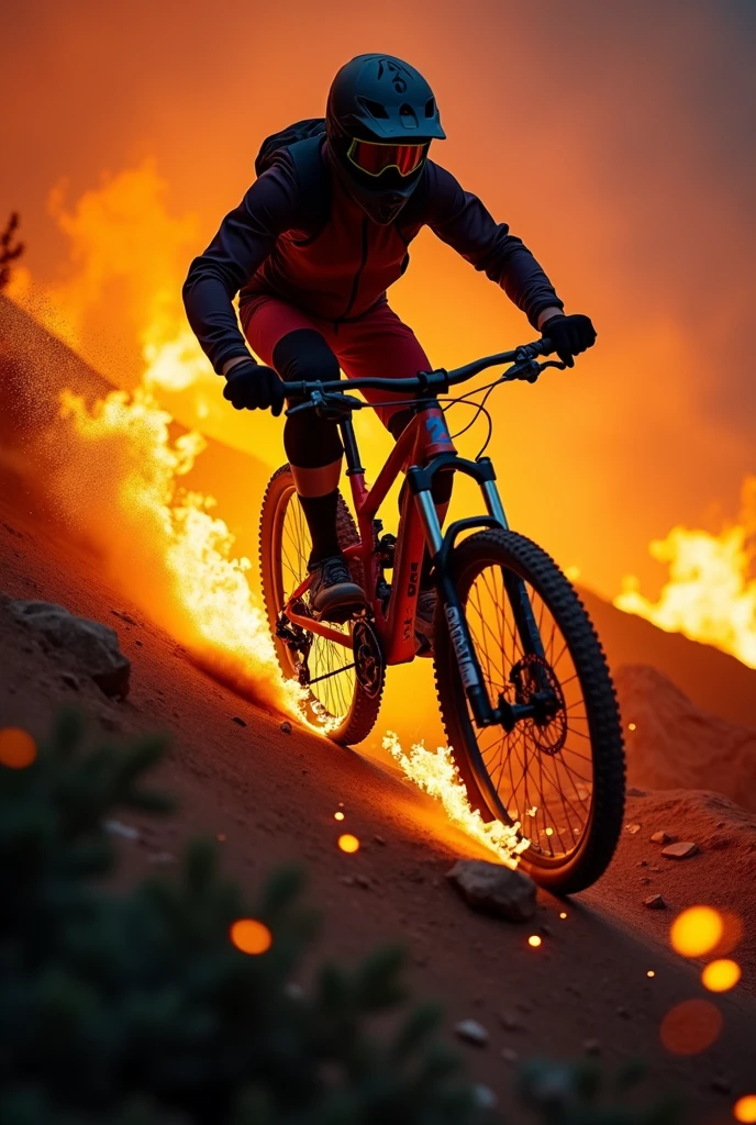 a downhill bike rider, on his mountain bike with flames behind him, he comes down a burning mountain