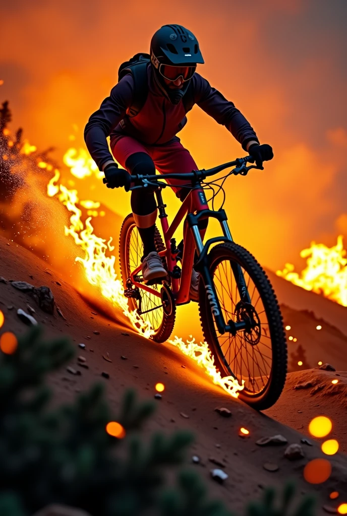 a downhill bike rider, on his mountain bike with flames behind him, he comes down a burning mountain