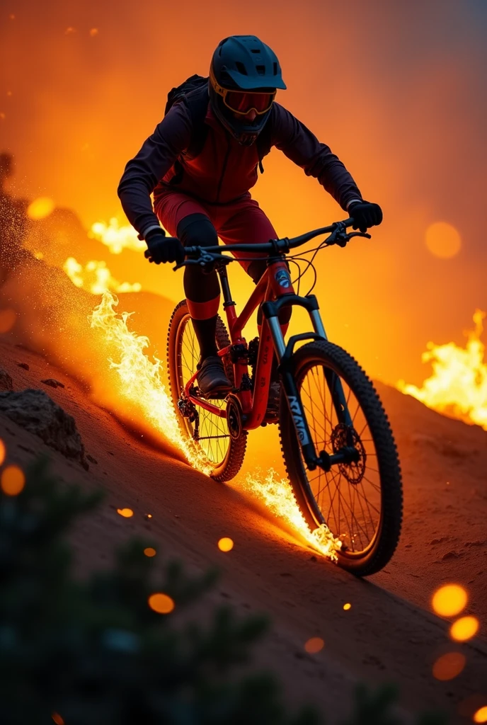 a downhill bike rider, on his mountain bike with flames behind him, he comes down a burning mountain