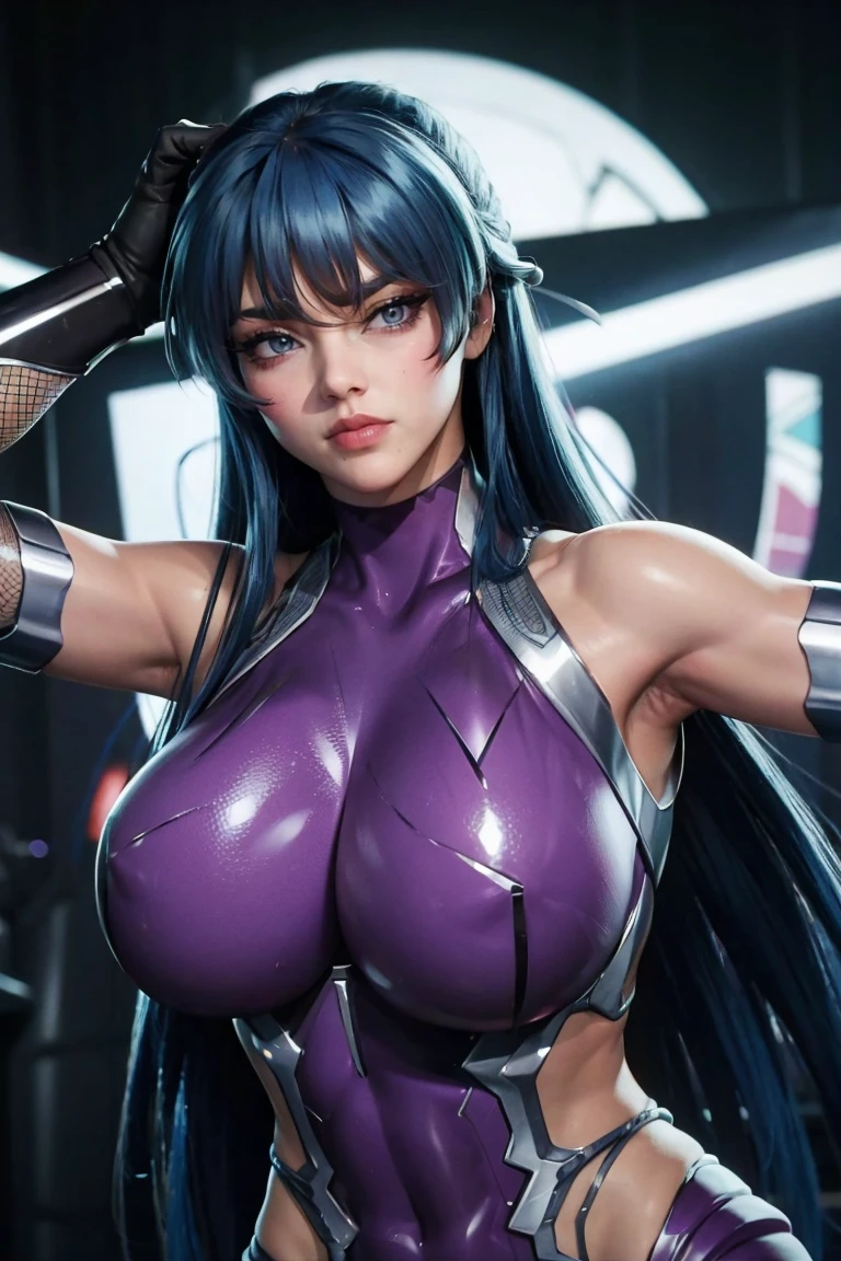 (masterpiece), best quality, expressive eyes, perfect face, shiny clothes, elbow gloves, bare shoulders, long hair, green eyes, sleeveless, hair between eyes, purple bodysuit, bangs, solo, skin tight, breasts, 1girl, impossible bodysuit, mature female, shiny, huge breasts, purple gloves, asagi, fishnets, asagioutfit, blue hair