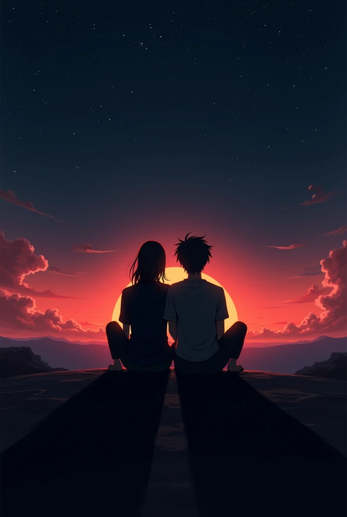 In black and with two people sitting on their backs looking up to the stary sky with a sunset.