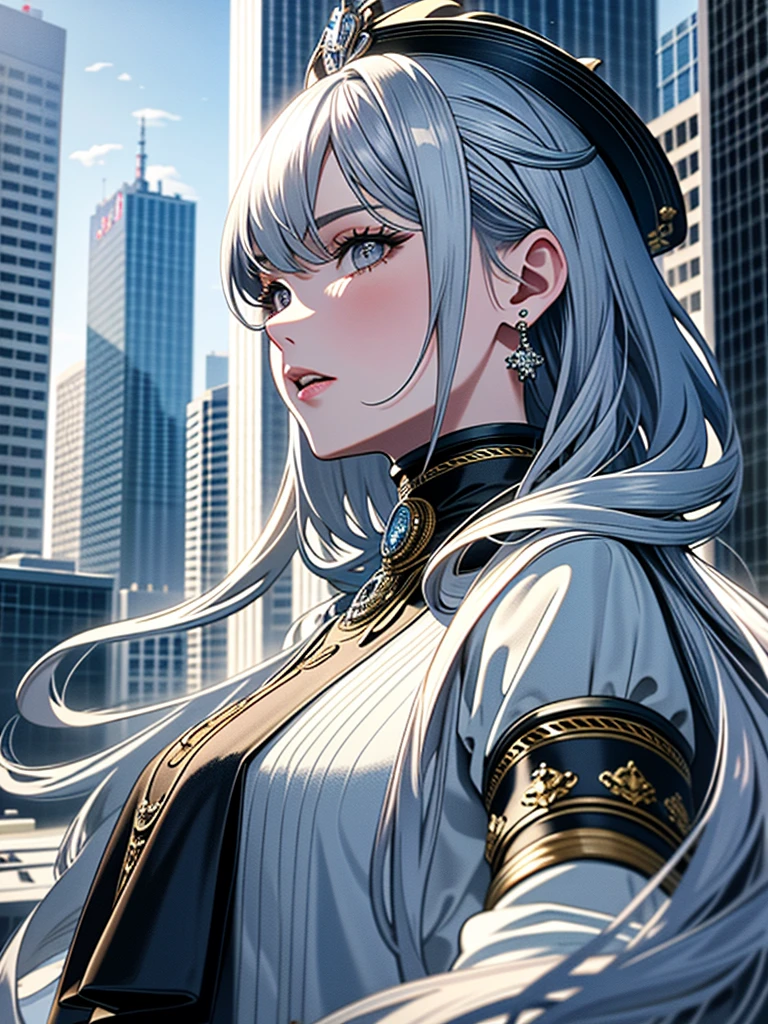 Masterpiece、High resolution、Detailed expression、Huge beauty、Silver Hair、18 meters tall、In a city building