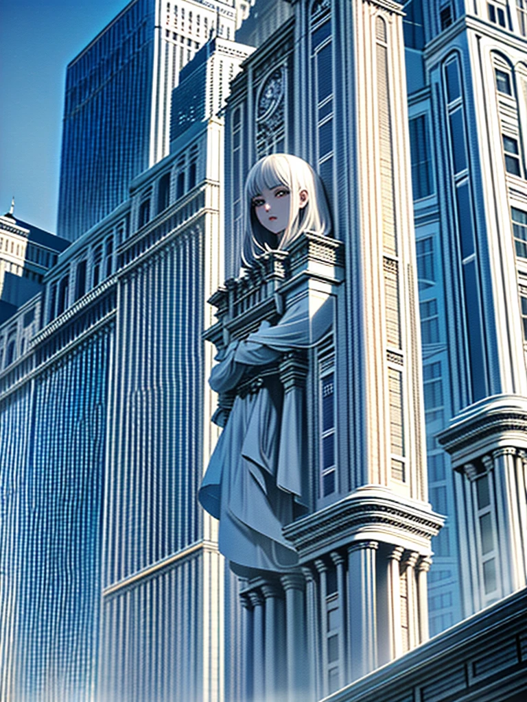 Masterpiece、High resolution、Detailed expression、Huge beauty、Silver Hair、18 meters tall、In a city building