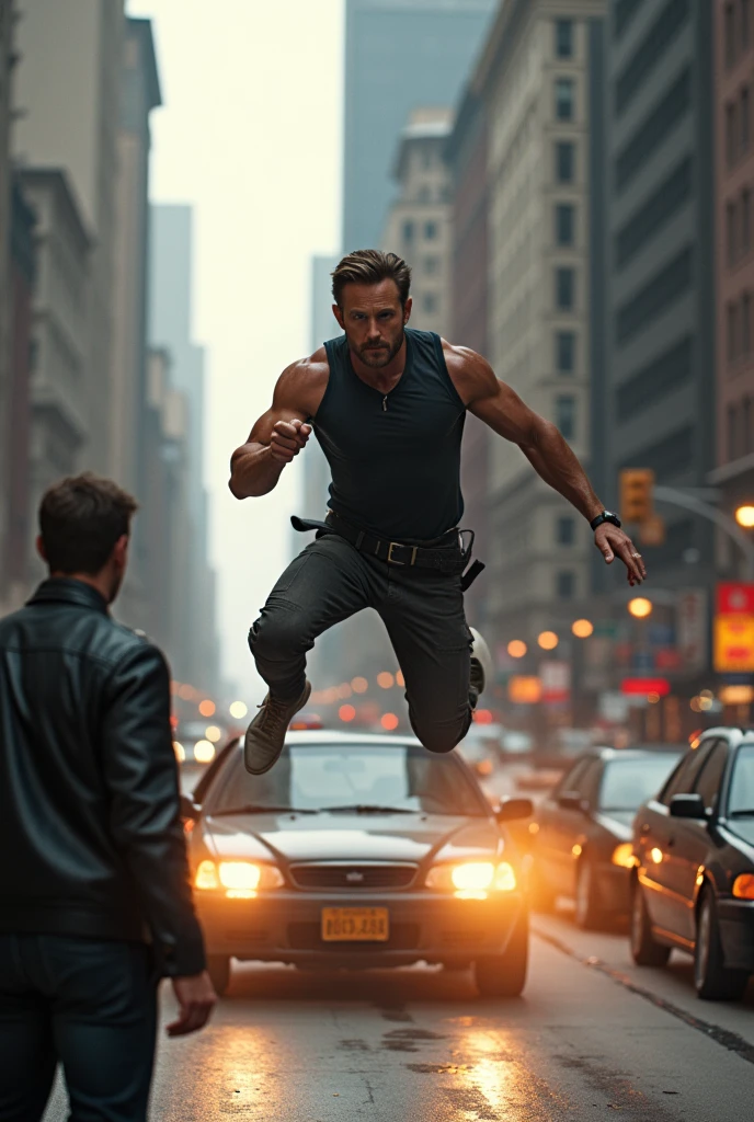 Ryan Gosling as a Stunt Man doing a stunt for his actor colleague Ryan Reynolds. Ryan Gosling jumps in front of a car while Ryan Reynolds is watching.