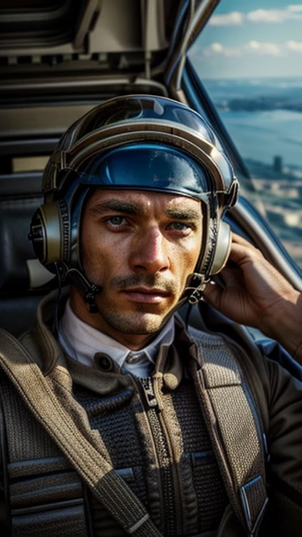 Male wearing a pilot suit, salute, look to the view, deep eyes, serious face, high detailed, masterpiece