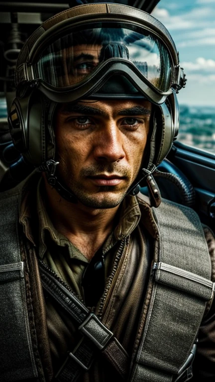 Male wearing a pilot suit, salute, look to the view, deep eyes, serious face, high detailed, masterpiece