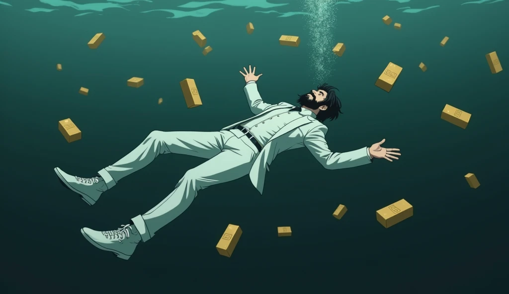 Create a anime style landscape image. an dramatic style under the water image showing a surreal and dramatic scene of a male person in a white suit, white shoes, and sinking into deep, The man has  dark medium hair, thik medium beard and light skin, dark waters, surrounded by floating gold bars. "The figure appears to be floating helplessly, as if falling through the water, with their arms means hands and legs extended and head tilted back". and "his body is oriented horizontally with his back facing the viewer".  The gold bars around the person seem to be floating and tumbling through the water, giving the impression of wealth lost in the chaos. The mood should be somber and intense, highlighting themes of loss, wealth, and the overwhelming force of destruction. Camera view left side long shoot. 4k, ultra high quality, UHD, ULTRA HD.