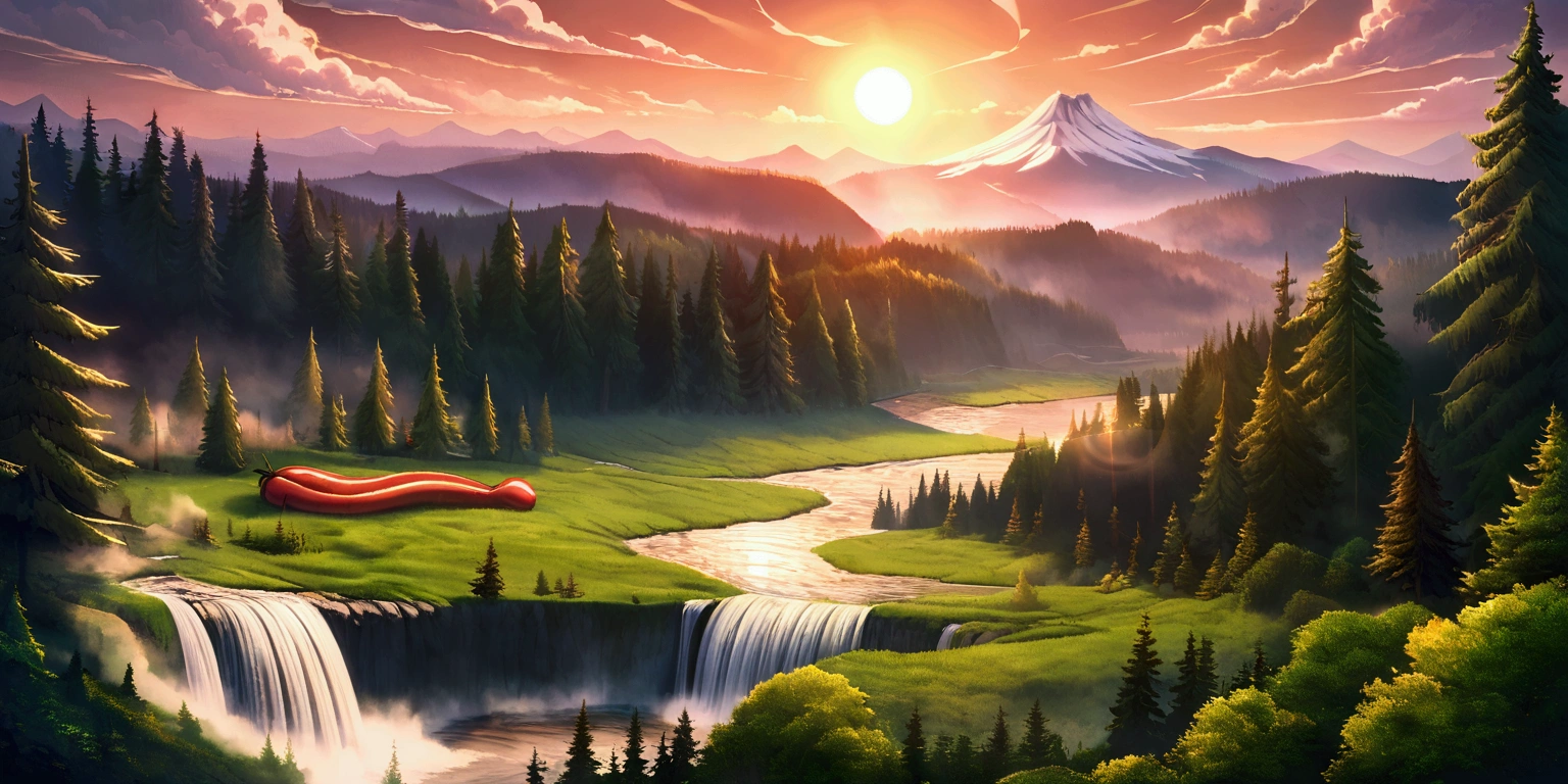 ultra wide landscape flooded with light moebius style, giant chili, giant sausage, giant wine, epic, sun, mt hood, waterfall, forest, oregon, green