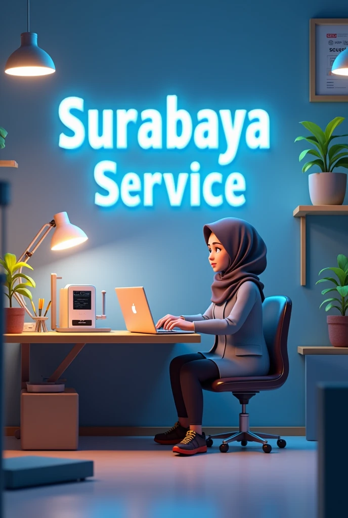 3D Animation Good Technical Room with big text "Surabaya Service" in the wall 
With a hijabi technichian in front of the laptop and beside many part hold the screw driver for repair broken mini printer