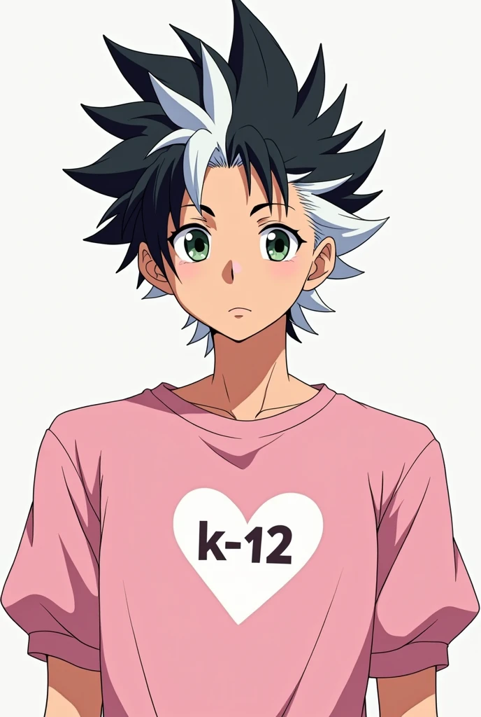A Skin Man:Clear Eyes:brown Style:anime body:tall hair:split in half one side white and the other side black Clothes:a pink shirt with light pink puff sleeves and on the shirt a white heart with the writing "K- 12"