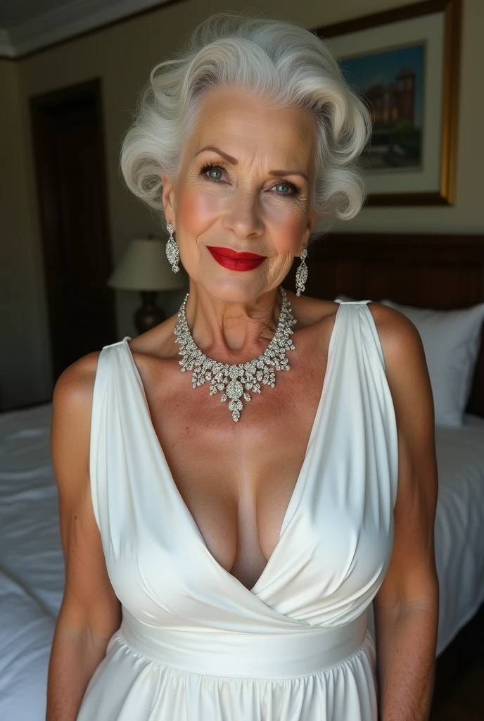 gilf, 70 ans, belle, vieille, grand mère, cheveux blancs, très belle, debout contre un lit, maquillage, bijoux, lèvres rouges, robe blanche, décolletée, grosse poitrine, agée, mure, sexy, magnifique, attirante, poitrine plus grosse