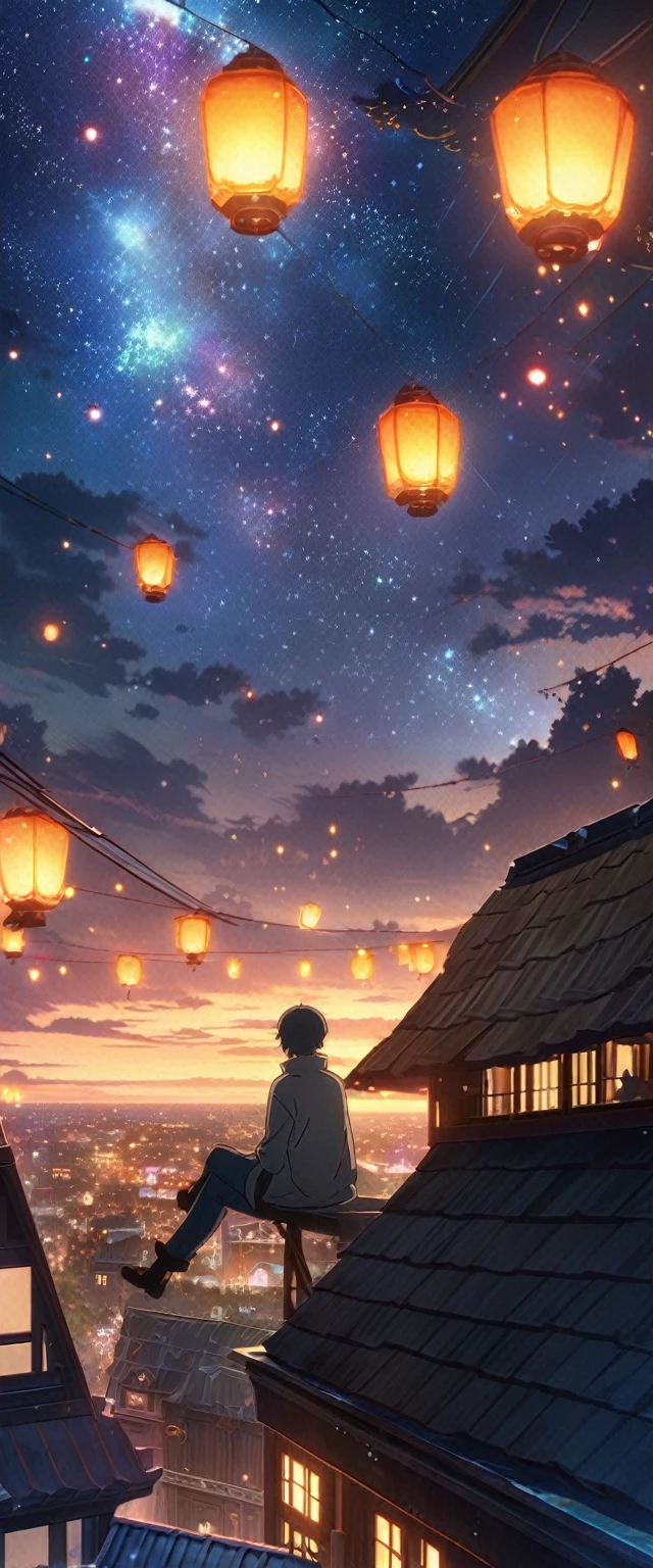 Anime boy sitting on the roof looking at the night sky town, with lantern lights,star shower, Cosmos Sky.Anime background art, Anime art wallpaper 4k,loocking to the sky, Anime art wallpaper 4 K, beautiful anime scenes, in the style of makoto shinkai, amazing wallpapers,