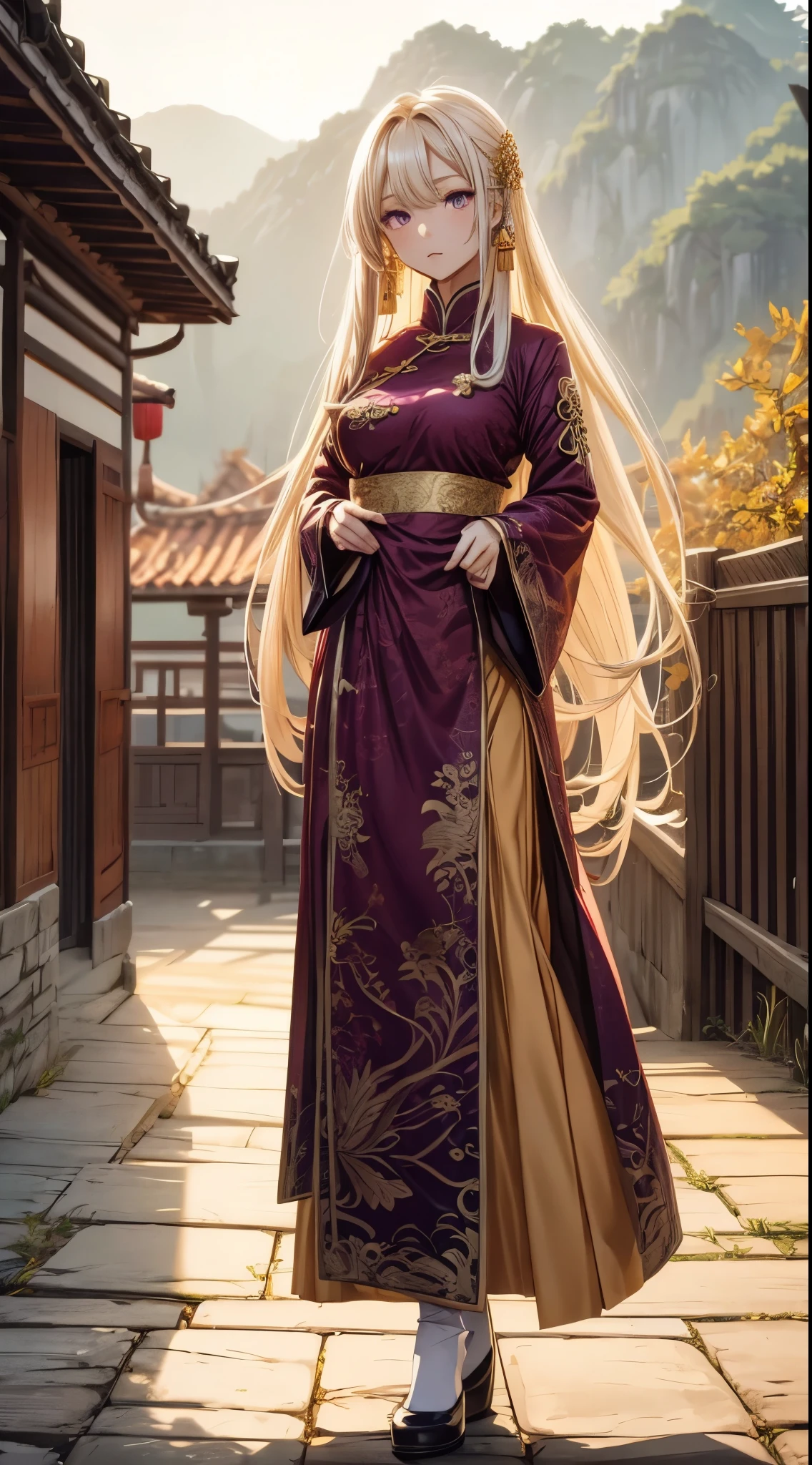 long golden colored hair, Traditional Chinese clothing, hand drawn, violet colored eyes, slenderbody, medium bust, Full-body image,realisitic, HD 8k, perfection, best qualityer, landscape landscape scenery.