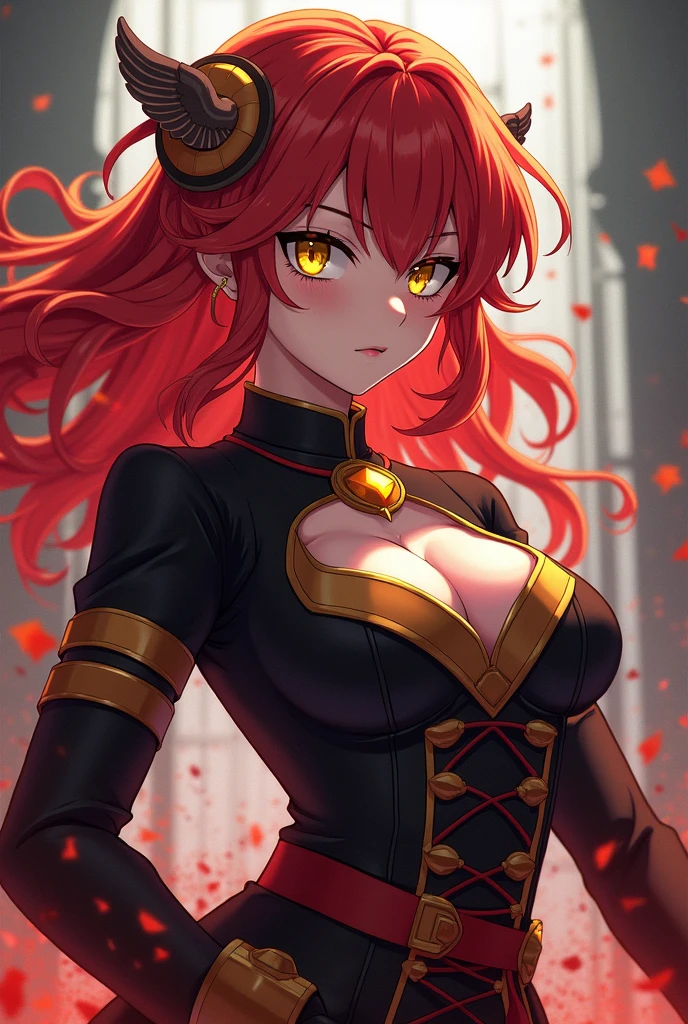 A girl with red hair and yellow eyes,that has very large breasts,Demon Slayer in Demon Slayer Uniform Kimetsu no Yaiba Pillar Kimetsu no Yaiba. The Warrior
