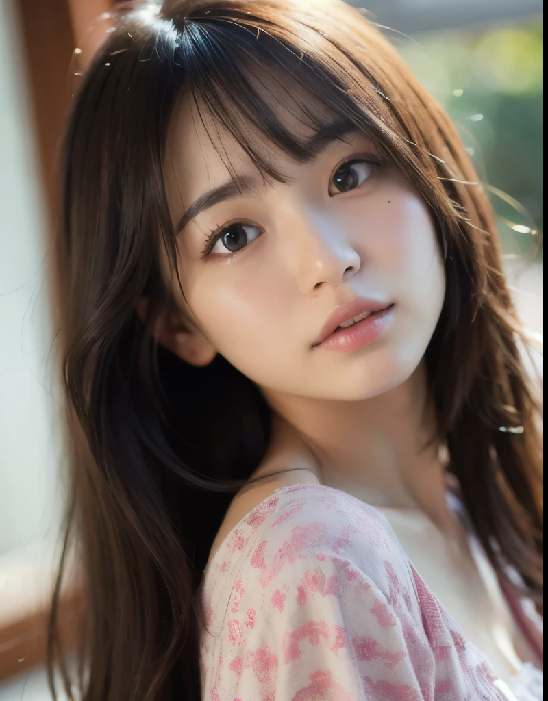 Best quality, Focus on face, soft light, ultra super high resolution, (photorealistic:1.4), RAW photo,
Japanese girl, the face looks straight at the camera , full face, One, Cute, (student, lights in the eyes),  Detailed beautiful face, (small chest),(High resolution human skin texture detail),
(long hair),
in room,
Damask shirt dress,
(portrait)