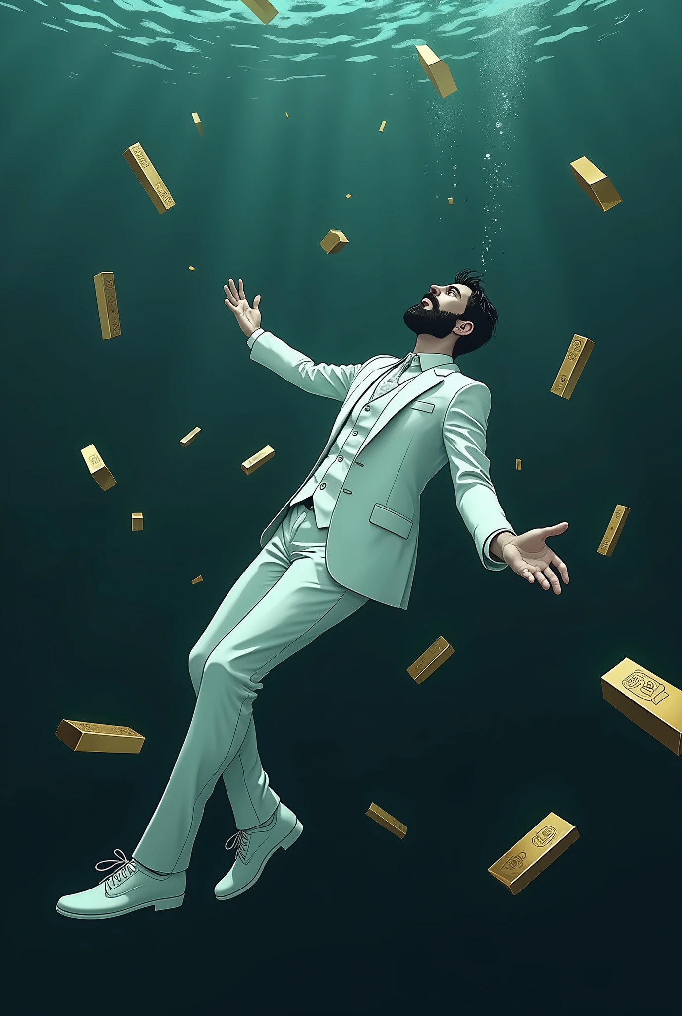 Create a anime style landscape image. an dramatic style under the water image showing a surreal and dramatic scene of a male person in a white suit, white shoes, and sinking into deep, The man has  dark medium hair, thik medium beard and light skin, dark waters, surrounded by floating gold bars. "The figure appears to be floating helplessly, as if falling through the water, with their arms means hands and legs extended and head tilted back". and "his body is oriented horizontally with his back facing the viewer".  The gold bars around the person seem to be floating and tumbling through the water, giving the impression of wealth lost in the chaos. The mood should be somber and intense, highlighting themes of loss, wealth, and the overwhelming force of destruction. Camera view left side long shoot. 4k, ultra high quality, UHD, ULTRA HD.