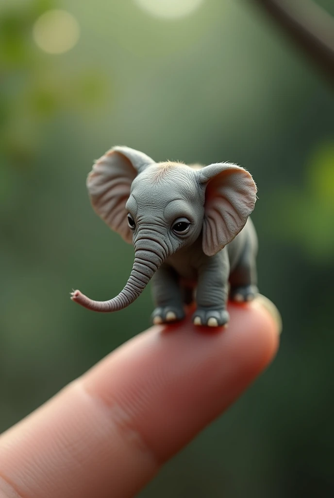 Photorealistic, 34k, A micro baby elephant perched on a human finger. Hyperrealistic, hyperdetailed Beautiful background