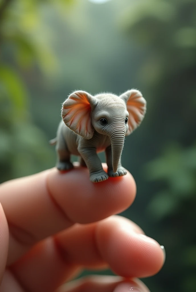 Photorealistic, 34k, A micro baby elephant perched on a human finger. Hyperrealistic, hyperdetailed Beautiful background 