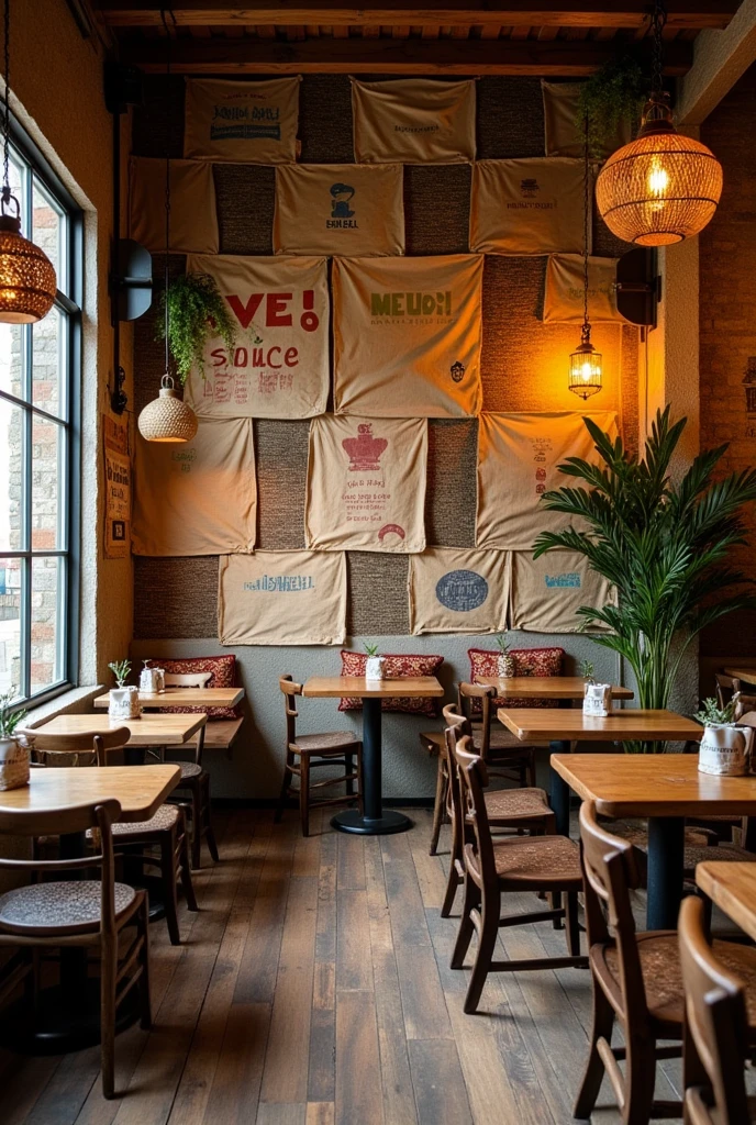 decoration of a small restaurant, with the back wall covered with coffee sacks, with a couple of wooden tables, and handmade decorations from Colombia