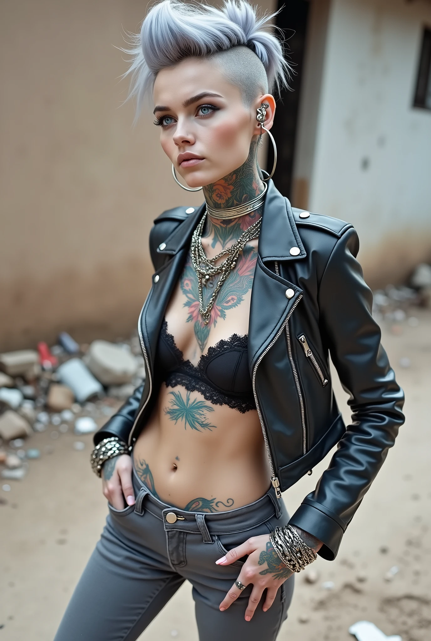 russian milf woman, grey  hair (pouf, shaved sides, top bun), with very light blue eyes, extremely pale skin. All neck tattooed in colour. All stomach tattoed in colour. .All hands tattooed in colour  .Wearing aged black moto jacket with lots of zippers and pins, flipped up collar. Expensive black lace bra.. Dark grey  skinny  low rise jeans with holes. wide black studded belt. hands in pockets, chin up, stretching her neck , humble facial expression.. Listening with tilted head, looking up to somebody more clever  speaking to her. Well toned abdominals, thin neck, slim legs and thin arms. Narrow hips. Lots of metal collars and necklaces, lots of chain pendants. Lots of metallic bracelets. Dirt street in Kenyan village full of waste. Lots of silver bracelets. A lot of tanned fat women  in traditional dresses around looking down at her