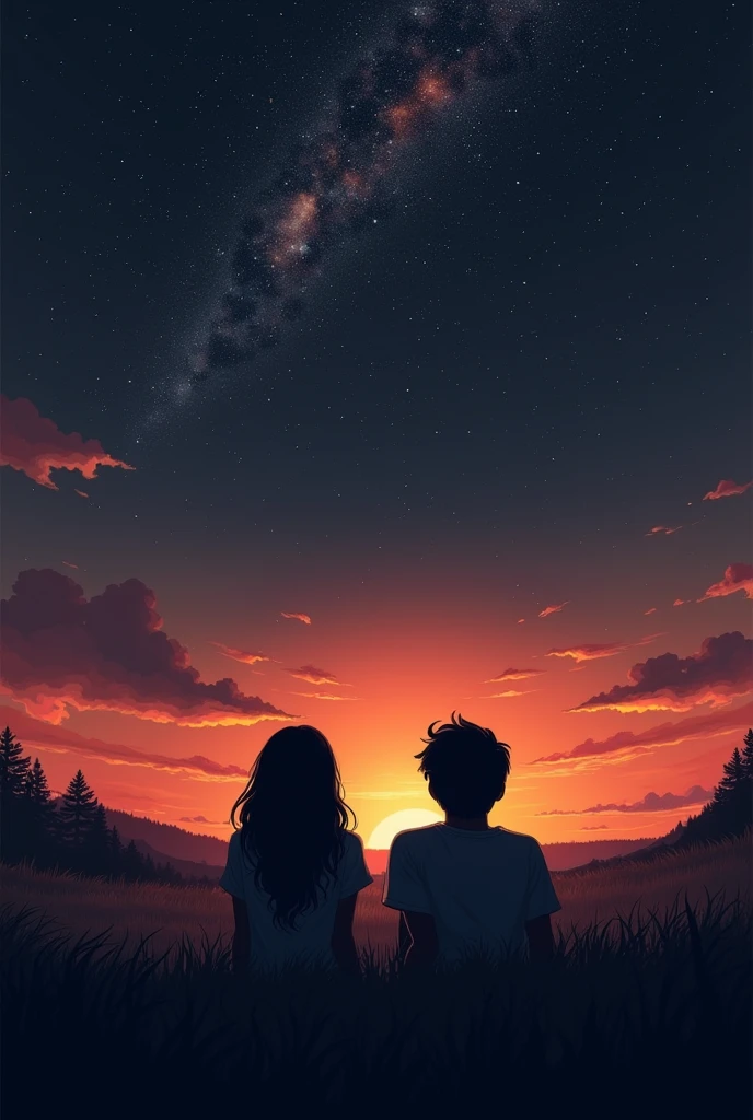 In black and white two people sitting on their backs looking up to the stary sky with a sunset.