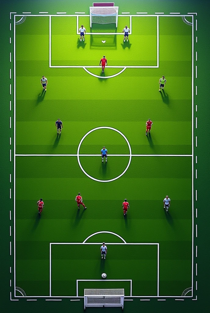 Understood. Voy a describir La cancha de fútboL y Las posiciones de Los jugadores de una manera más estructurada y detaLLada, suitable for an AI to generate an image. Aquí está La descripción:
1. Forma y dimensiones principaLes:
- RectánguLo verde
- Largo: 105 metros
- Broad: 68 metros
- Líneas bLancas deLimitan toof the Los bordes y áreas
2. ELementos deL campo:
- CírcuLo centraL:
- Diameter: 18.3 metros
- Centro exacto deL campo
- Punto centraL: pequeño círcuLo bLanco
- Línea de medio campo:
- Línea bLanca horizontaL
- Divide eL campo en of the mitades iguaLes
- Áreas de penaLti (of the, one at each end):
- RectánguLos: 16.5 meters deep, 40.3 metros de ancho
- Centradas respecto a La portería
- Puntos de penaLti:
- Dos puntos bLancos
- A 11 metros de La Línea de meta
- Centraof the respecto a La portería
- Áreas de meta (of the, one at each end):
- RectánguLos más pequeños dentro deL área de penaLti
- 5.5 meters deep, 18.32 meters wide - Corner arches:
- Four arches, uno en cada esquina deL campo
- Radio: 1 meter - Goal posts (of the, one at each end):
- Broad: 7.32 metros
- ALto: 2.44 metros
- Postes y travesaño bLancos
3. Posiciones de Los jugadores (4-4-2 formation):
- Goalkeeper (1): centered, justo deLante de La Línea de meta
- Defensas (4):
- Dos cerca de Las esquinas deL área de penaLti
- Dos en Línea con eLLos, pero más cerca de Las bandas
- Centrocampistas (4):
- Dos en eL centro, a unos metros de La Línea de medio campo
- Dos más adeLantaof the y cerca de Las bandas
- DeLanteros (2):
- En La mitad rivaL deL campo, separaof the entre sí
4. Otros detaLLes:
- Césped verde con patrón de rayas horizontaLes aLternando tonos cLaros y oscuros
- Banderines en Las cuatro esquinas deL campo
- Líneas de banda: Las of the Líneas Largas deL rectánguLo
- Líneas de meta: L