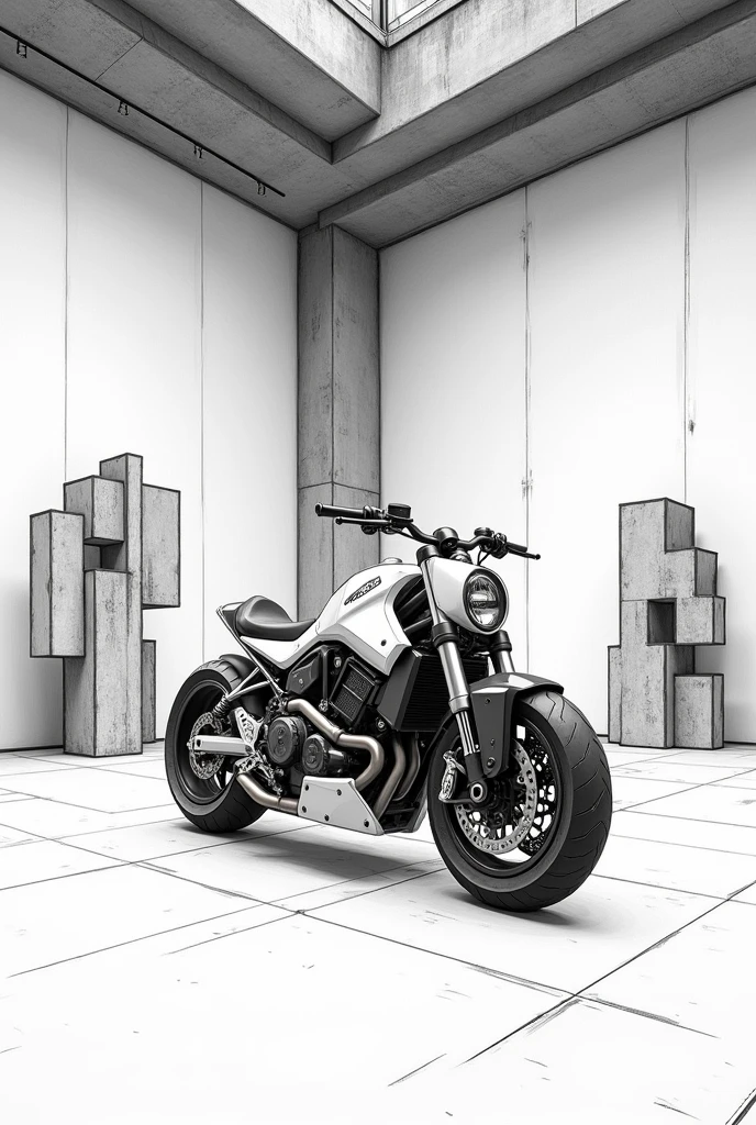 Imagine a black and white sketch of an object art exhibition with a custom motorcycle