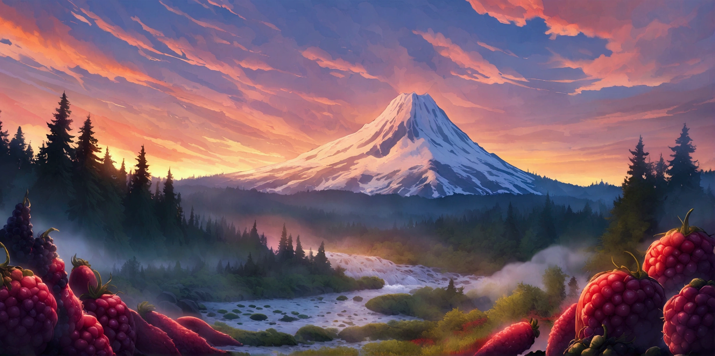 ultra wide landscape flooded with light moebius style, giant Red chilis, large sausages, blackberries, epic, mt hood, waterfall, forest, oregon, green