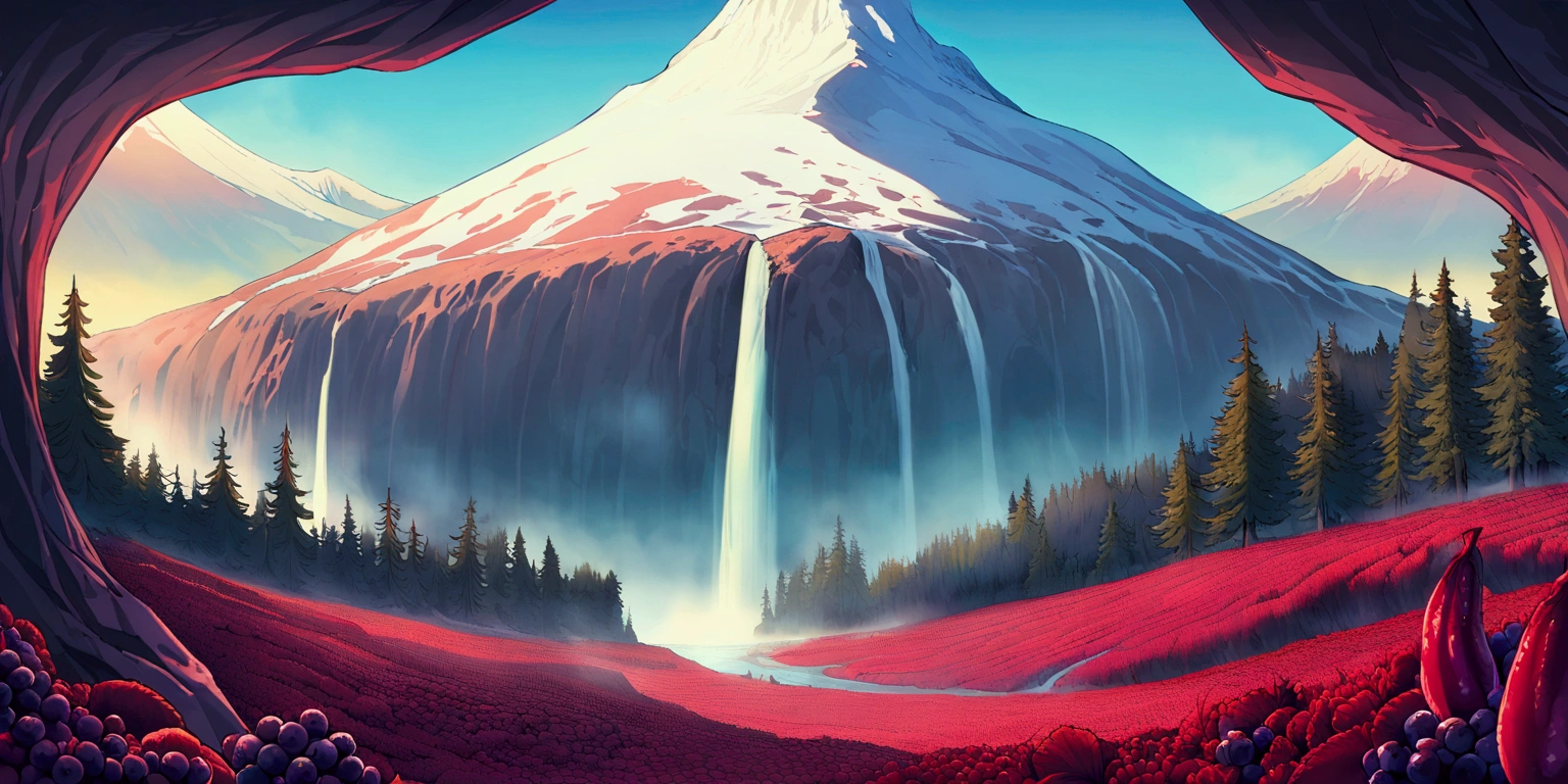 ultra wide landscape flooded with light moebius style, giant Red chilis, large sausages, blackberries, epic, mt hood, waterfall, forest, oregon, green
