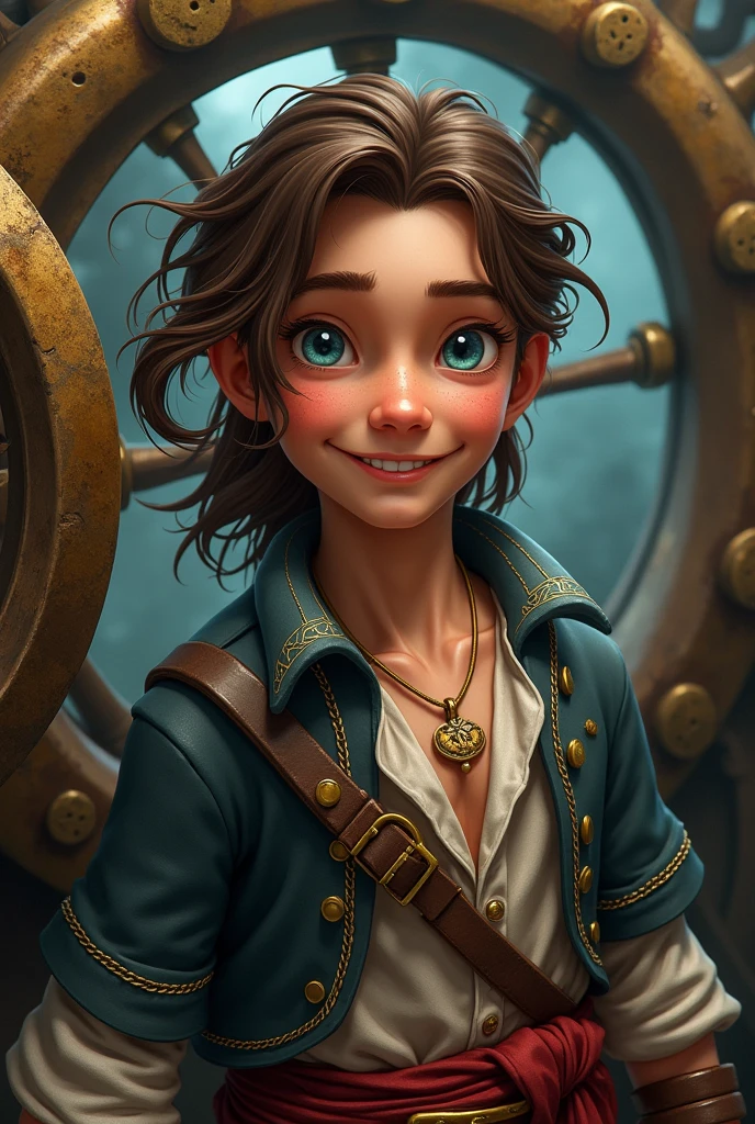 Steampunk style DND beautiful pirate young man
With long hair blue eyes more realistic and happy