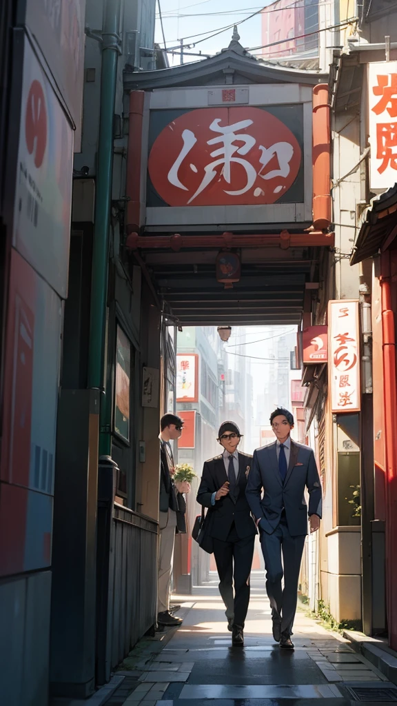 Three guys goofing off while walking through Tokyo in the morning