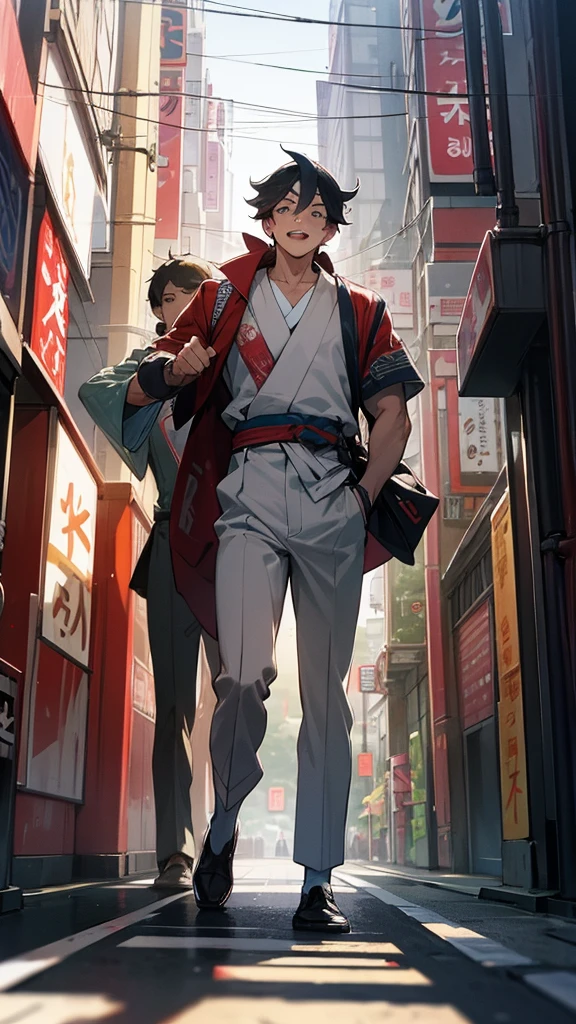 Three guys goofing off while walking through Tokyo in the morning
