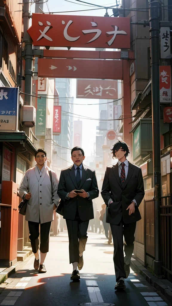 Three guys goofing off while walking through Tokyo in the morning