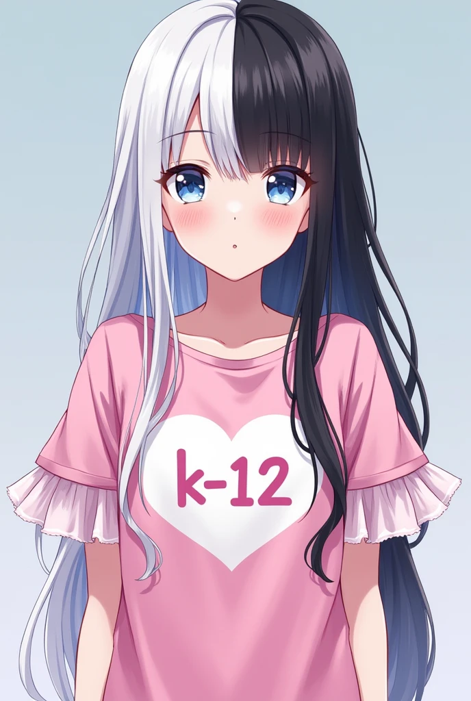 A Skin Man:Clear Eyes:brown Style:anime body:tall hair:split in half one side white and the other side black Clothes:a pink shirt with puffy sleeves made of light pink tulle and on the shirt a white heart with the writing "K- 12"