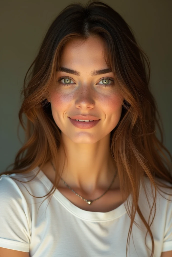 Un gros plan, portrait 4K haute résolution d'une femme de 20 ans avec des traits caucasiens saisissants et une peau aux tons olive. Sa longue, ses cheveux bruns ondulés en cascade sur ses épaules, encadrer son visage. Elle a de grands yeux verts qui brillent d'une lumière particulière, et sa jeunesse, sa peau lisse est parsemée de quelques taches de rousseur subtiles, ajoutant à sa fraîcheur, beauté naturelle. Un petit, une beauté visible au-dessus du côté gauche de sa bouche lui confère un charme distinctif, Et un beau sourire rayonne. Elle porte un t-shirt blanc cintré et un délicat, collier en argent léger. Son expression rayonne de chaleur et de douceur, capturant son essence de future influenceuse dans le monde des parfums naturels. l'image est un chef d'oeuvre, conçu pour mettre en valeur son allure naturelle et la douceur, atmosphère lumineuse qu'elle incarne."