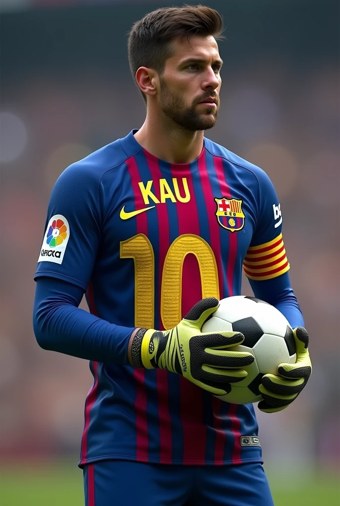 create an image of a goalkeeper with the Barcelona shirt with the name "Kauã" on his back holding the ball (ultra realistic) (for cell phone wallpaper) (on his back)