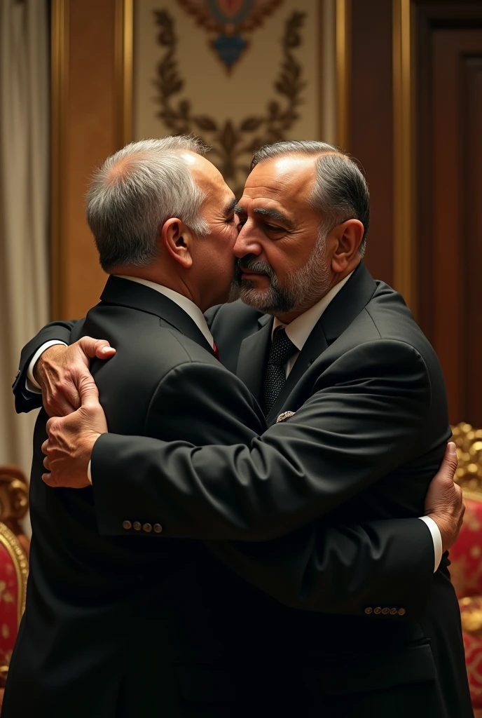 A real picture, the highest possible degree of accuracy, cinematic photography, and cinematic lighting, of Palestinian President Mahmoud Abbas embracing the leader Yahya Ayyash, at the Muqata'a headquarters in Ramallah, inside the office of President Mahmoud Abbas.
