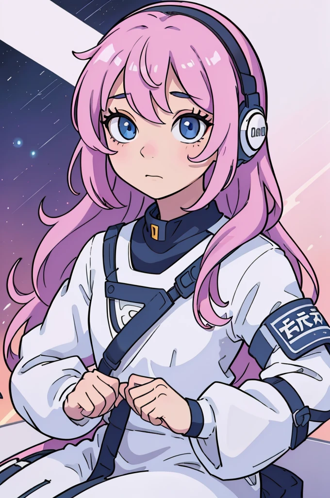 solo、Braiding、1 girl in、depth of fields、Long Blonde Hair、Inside the space station、Make eye contact、sitting on、masterpiece、top-quality、(top-quality)、((masterpiece))、(hight resolution)、Original、Very detailed 8k wallpaper、(extremely delicate and beautiful)、((A detailed face))、(white futuristic bodysuit space suit):1.3,beautiful finely detailed eyes、Hair that flutters in the wind、dishevled hair、lensflare、1 girl in、full body Esbian、(blue eyess)、(head phone)、(A pink-haired)、(Cute :1.1)、Beautiful fine eyes、Very long hair、tiny chest、(looking at the vieweragazine:1.3)、(Covers Style:1.3)、Fashionable、FEMALES、with a vibrant、outfits、the pose、the front、Colorful、Dynamic、Background with、element、I'm confident、expression、fail、statement、accessorized、An majestic、coiled、surroundings、Touch、The scene、texto、covers、It's bold、captures the attention、Titles、Stylish、Font、Catchy、headline、The large、Impressive、moderno、Trendy、Focus、lo fashion