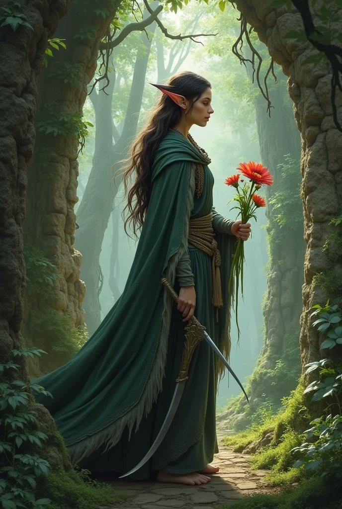 Create a dungeons and dragons character image of an androgynous elf druid with copper skin, small lips, pointed ears long unkempt wild dark brown hair in a gray and dark green traveling cloak holding a scimitar and a flower in ruin in a forest