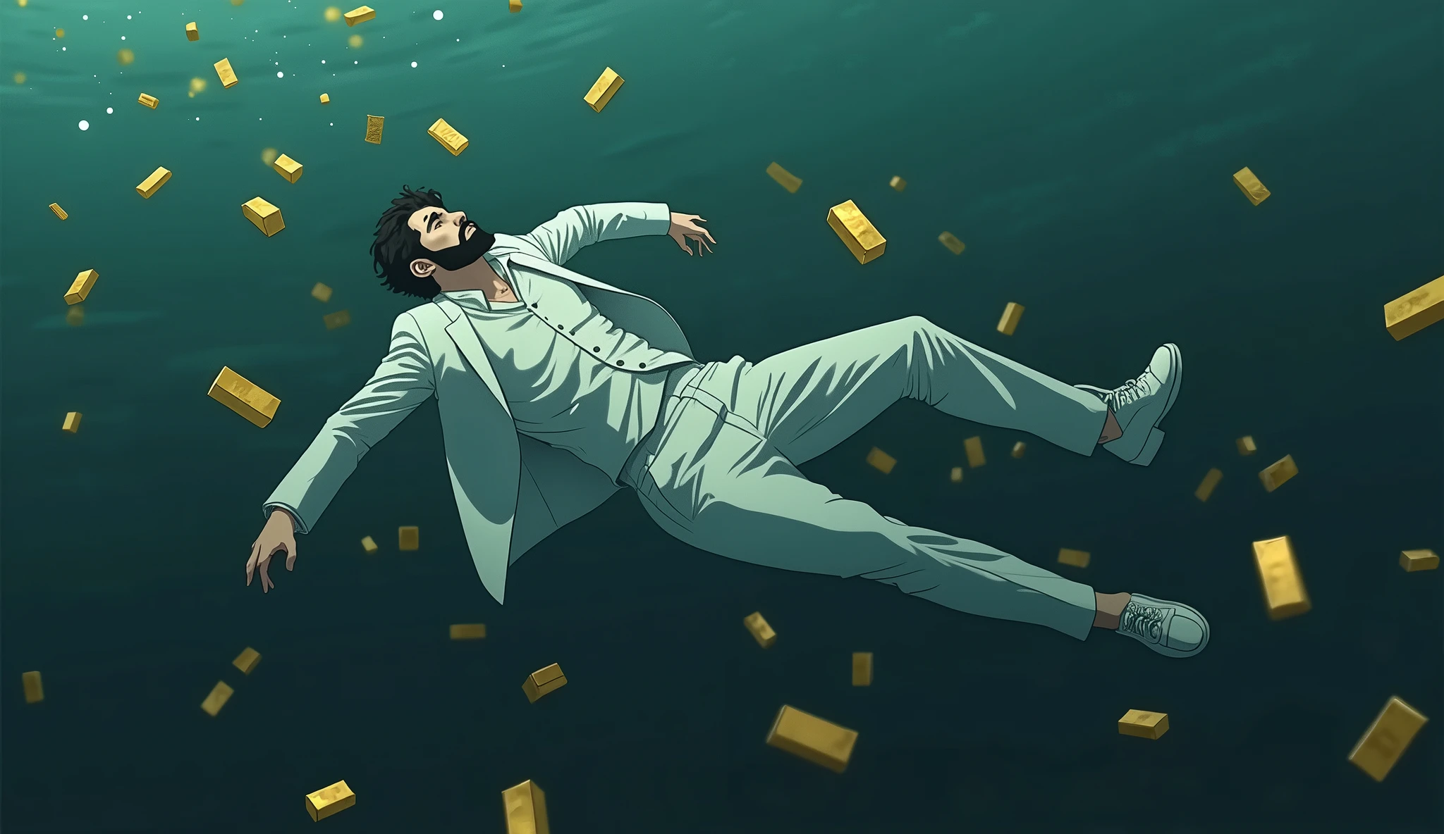 Create a anime style landscape image. an dramatic style under the water image showing a surreal and dramatic scene of a male person in a white suit, white shoes, and sinking into deep, The man has dark medium hair, thik medium beard and light skin, dark waters, surrounded by floating gold bars. "The figure appears to be floating helplessly, as if falling through the water, with their arms means hands and legs extended and head tilted back". and "his body is oriented horizontally with his back facing the viewer". The gold bars around the person seem to be floating and tumbling through the water, giving the impression of wealth lost in the chaos. The mood should be somber and intense, highlighting themes of loss, wealth, and the overwhelming force of destruction. Camera view left side long shoot. 4k, ultra high quality, UHD, ULTRA HD.