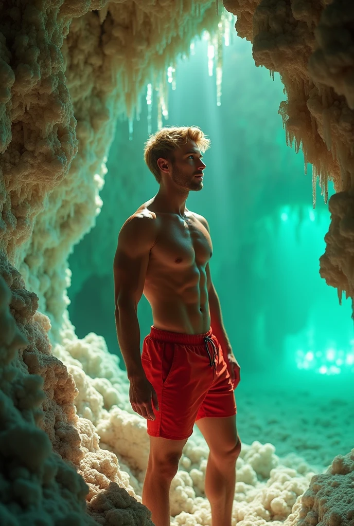 **Description:** The scene captures a moment of awe and wonder, featuring a blonde male model with striking blue eyes that enhance his undeniable charm. His athletic and toned physique is prominently displayed as he is shirtless, showcasing his sun-kissed skin while wearing bright red Bermuda shorts, adding a vibrant contrast to the otherworldly surroundings. **Situation:** In this mesmerizing and illuminated scene, the model stands confidently inside a breathtaking crystal cave with a captivating greenish glow. The cavern's interior is adorned with stunning, luminous crystals that reflect and refract light, creating a kaleidoscope of colors, with an intriguing greenish hue adding depth and mystique to the space. The model’s defined muscles and bold Bermuda shorts stand out against the sparkling backdrop of shimmering crystal formations and the verdant glow. His stance is relaxed yet curious, with one hand resting lightly on a crystal formation and the other casually by his side. His gaze is directed towards the dazzling array of crystals and the verdant illumination, his expression a blend of awe and tranquility as he takes in the surreal beauty of the cave. The gentle, diffused light from the crystals and the greenish glow creates a warm, captivating atmosphere, highlighting the model’s features and the intricate details of the cave. The natural yet extraordinary setting, combined with the model’s striking appearance, creates a harmonious and enchanting atmosphere, capturing the essence of a mystical and adventurous escape. **Keywords:** summer, crystal cave, greenish glow, shirtless, Bermuda shorts, model, nature, luminous, ethereal, scenic, indoors, adventure, natural beauty, stylish, toned, captivating.