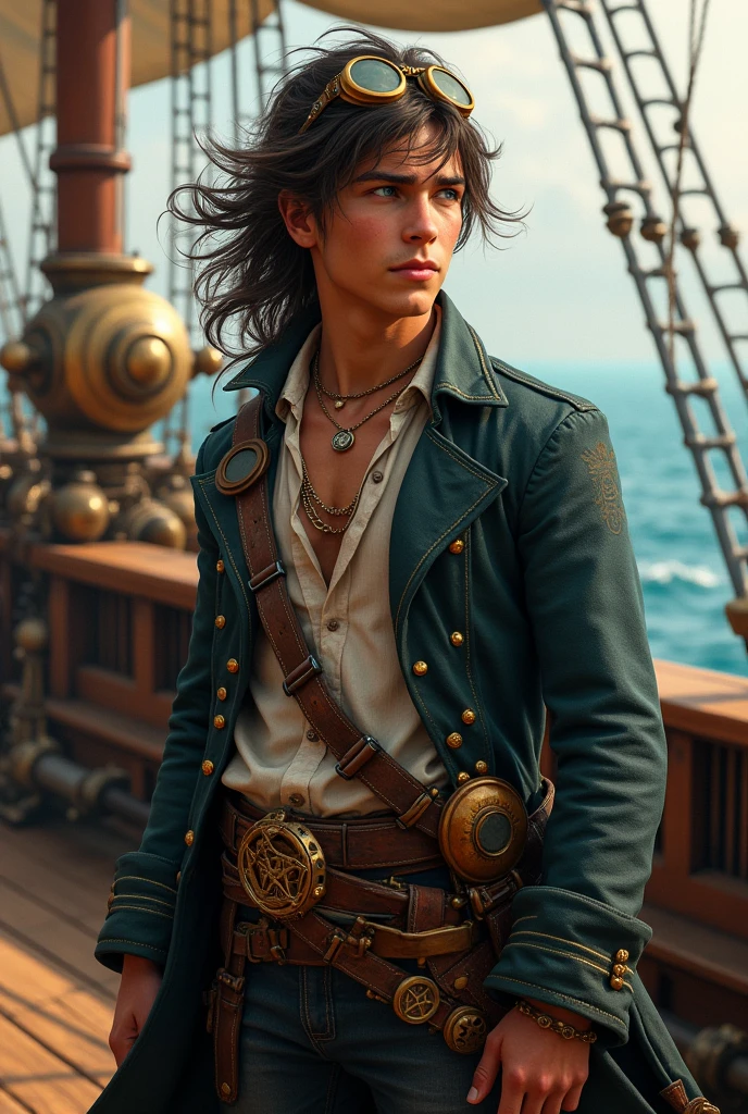 Steampunk style DND beautiful pirate young man
With long hair blue eyes more realistic and happy more adult
