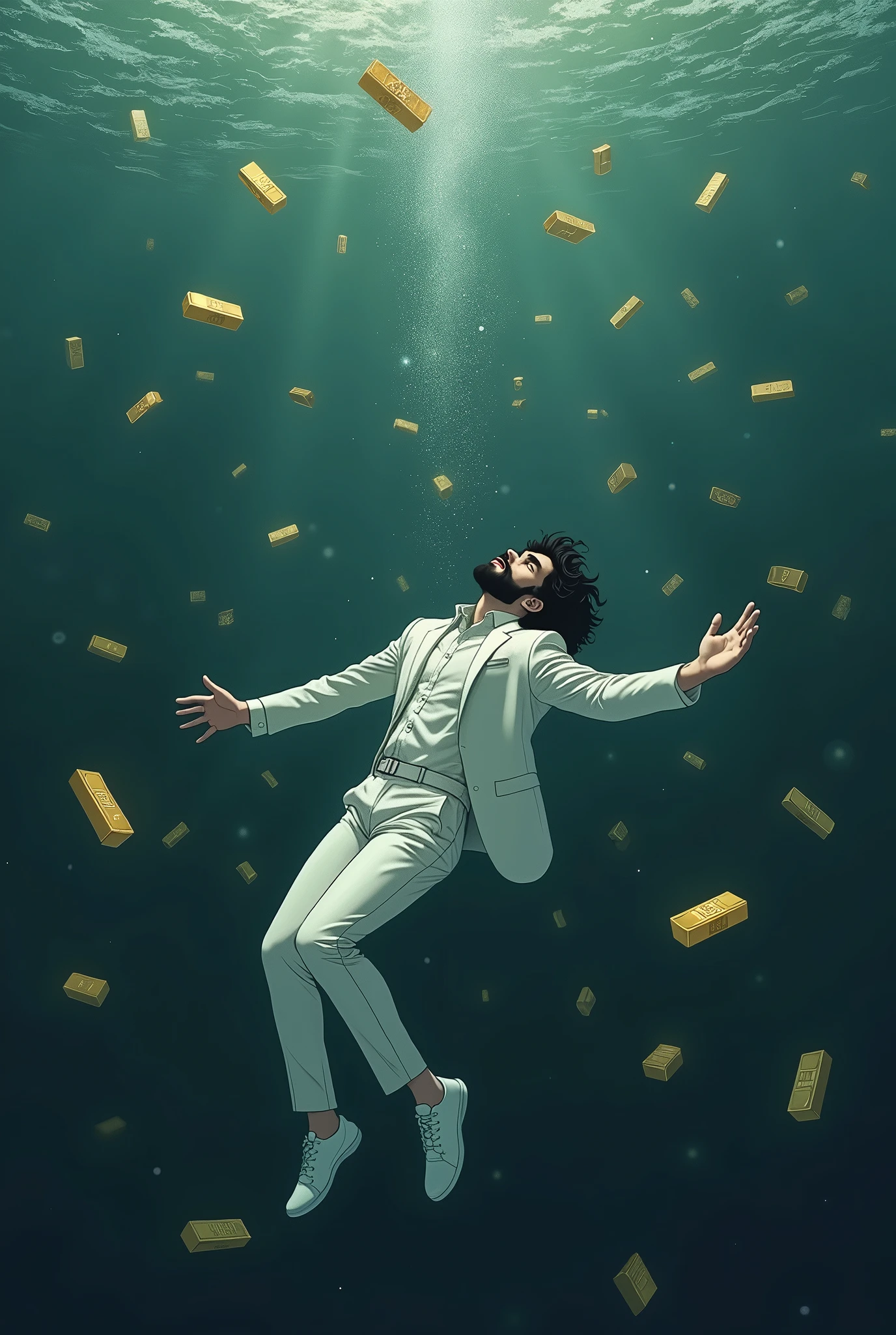 Create a anime style landscape image. an dramatic style under the water image showing a surreal and dramatic scene of a male person in a white suit, white shoes, and sinking into deep, The man has dark medium hair, thik medium beard and light skin, dark waters, surrounded by floating gold bars. "The figure appears to be floating helplessly, as if falling through the water, with their arms means hands and legs extended and head tilted back". and "his body is oriented horizontally with his back facing the viewer". The gold bars around the person seem to be floating and tumbling through the water, giving the impression of wealth lost in the chaos. The mood should be somber and intense, highlighting themes of loss, wealth, and the overwhelming force of destruction. Camera view left side long shoot. 4k, ultra high quality, UHD, ULTRA HD.