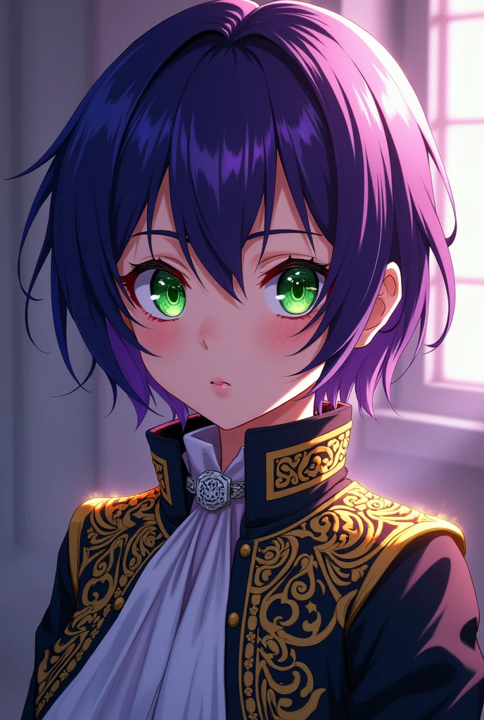 A 1 girl who has short, dark purple hair, His eyes are intense green, and usually wears a standard Jujutsu Kaisen school uniform with a personalized touch, like a jacket with gold embroidery.