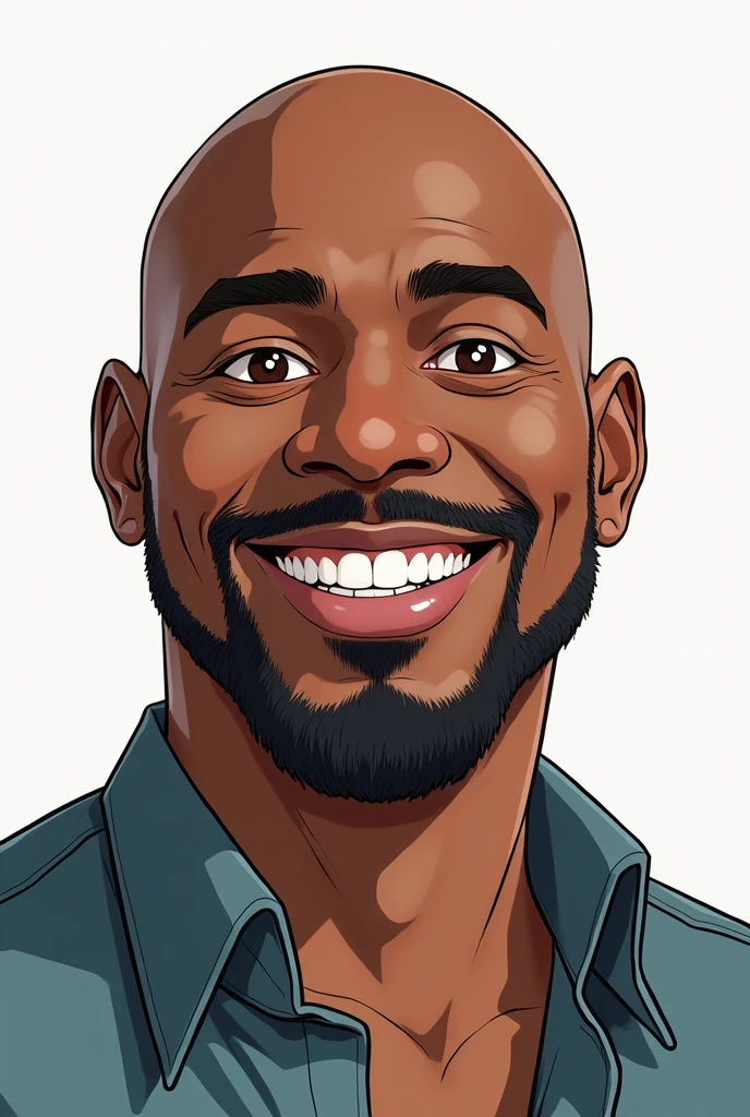 Manga style 50 year old black man bald beardless. flat nose, full lips, Brown eyes. Il sourit et porte une chemise un peu ouverte au col
