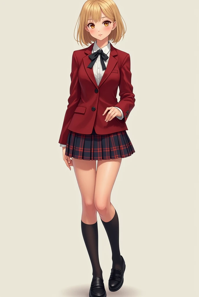 ((best quality,4k,highres,masterpiece:1.2)),((character concept art)), 1 female, age female, 1 Asian beauty queen, ((blonde shoulder-length hair)), bleached hair, (tan skin colour), ultra finely detailed eyes (brown eyes colour), confident, beautiful, , slim body build, ((intricate detail)), super finely detailed hands, ultra finely detailed fingers(((ten fingers))), wearing red velvet school blazer over white long sleeves school shirt with loosened necktie, plaid mini school skirt, black stocking, and black school loafers, (standing provocatively), (full body showcase), (show full body), (no logos on background), (no logo), ((plain background)), ((plain background)), (((empty background)))
