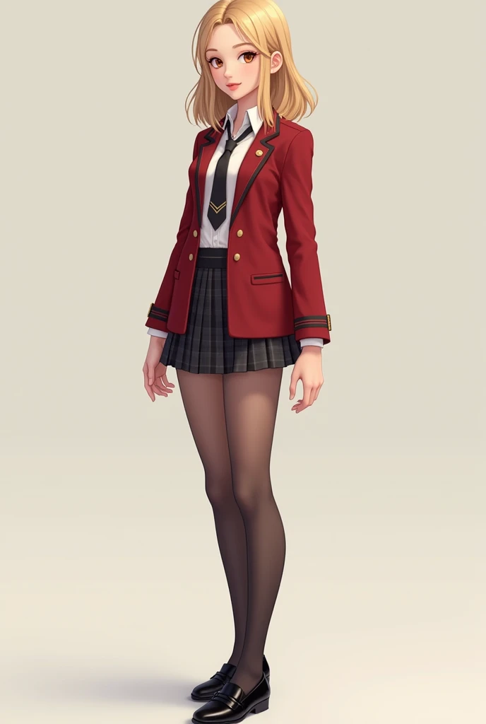 ((best quality,4k,highres,masterpiece:1.2)),((character concept art)), 1 female, age female, 1 Asian beauty queen, ((blonde shoulder-length hair)), bleached hair, (tan skin colour), ultra finely detailed eyes (brown eyes colour), confident, beautiful, , slim body build, ((intricate detail)), super finely detailed hands, ultra finely detailed fingers(((ten fingers))), wearing red velvet school blazer over white long sleeves school shirt with loosened necktie, plaid mini school skirt, black stocking, and black school loafers, (standing provocatively), (full body showcase), (show full body), (no logos on background), (no logo), ((plain background)), ((plain background)), (((empty background)))