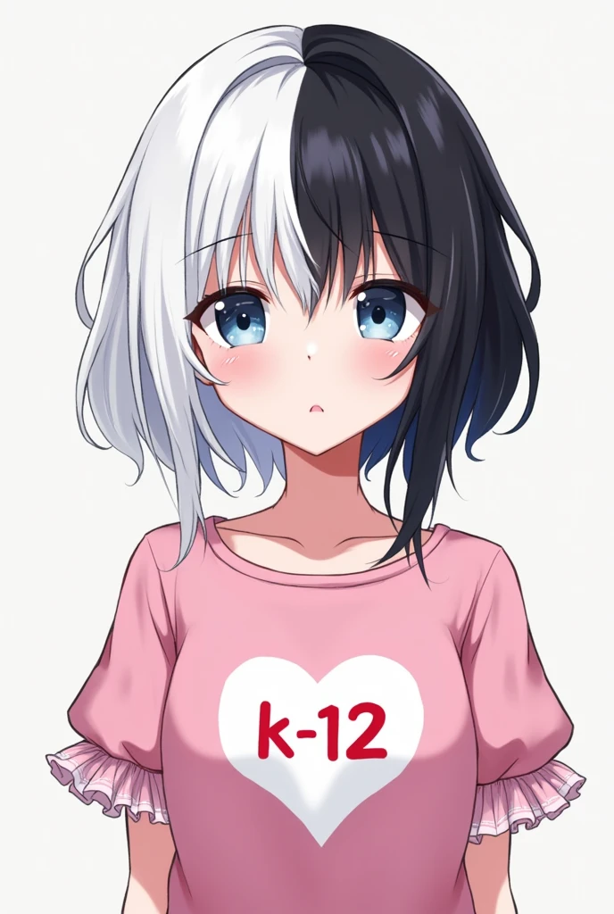 A Skin Man:Clear Eyes:brown Style:anime body:tall hair:split in half one side white and the other side black Clothes:a pink shirt with puffy sleeves made of light pink tulle and on the shirt a white heart with the writing "K- 12"