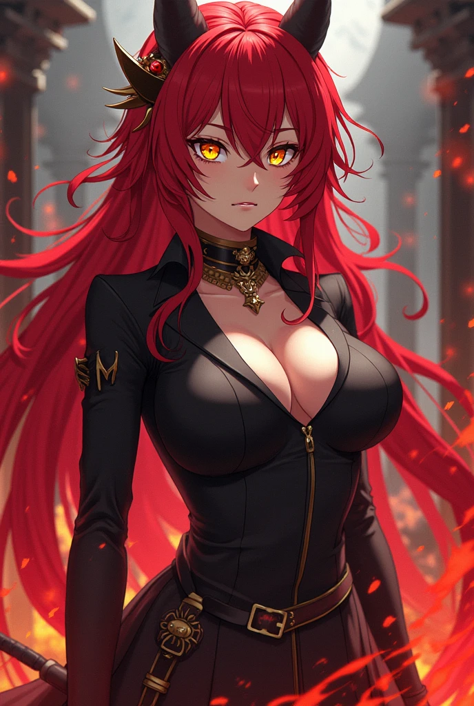 A girl with red hair and yellow eyes,that has very very big breasts,Demon Slayer in Demon Slayer Uniform Kimetsu no Yaiba Pillar Kimetsu no Yaiba. The Warrior